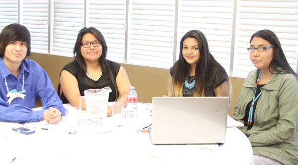 NDN clothing group from  left to right: Kelly Daniels, Alyssa Rosebluff, Lanis Machiskinie, and Wyatt Asapace.